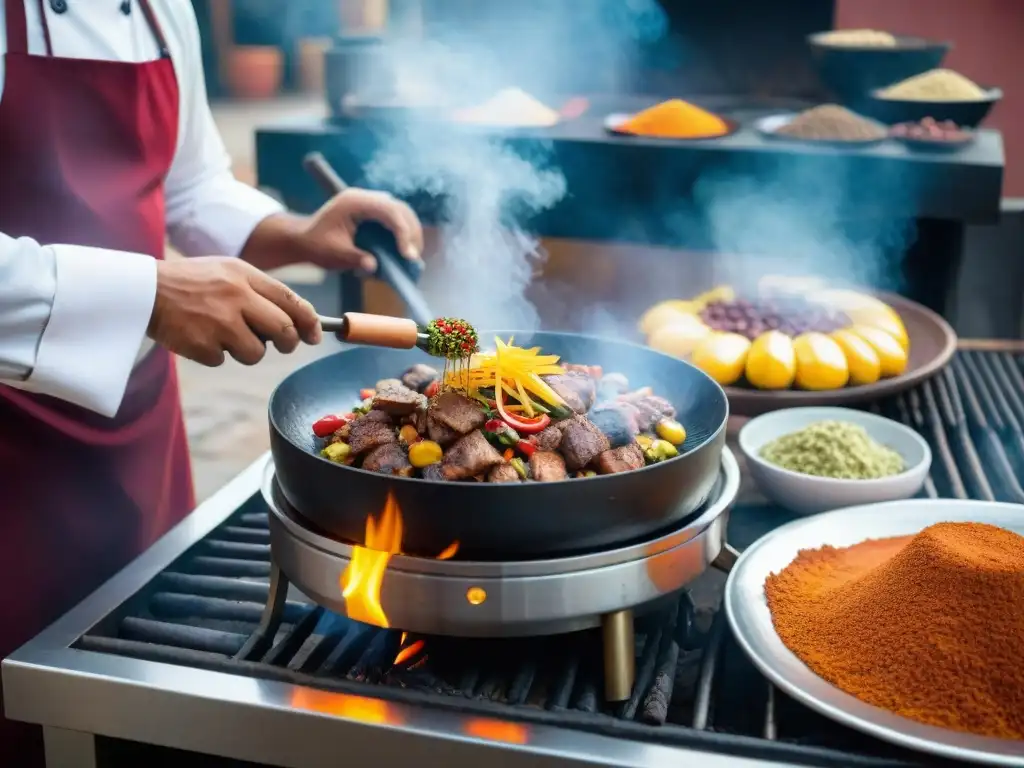 Un chef peruano experto preparando Tripa Mishqui en una parrilla, rodeado de coloridas especias y utensilios de cocina tradicionales