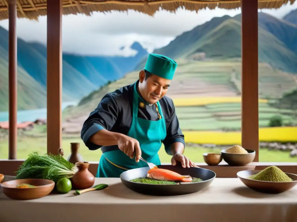 Un chef peruano experto preparando trucha andina en un entorno tradicional, capturando la esencia de la cocina peruana