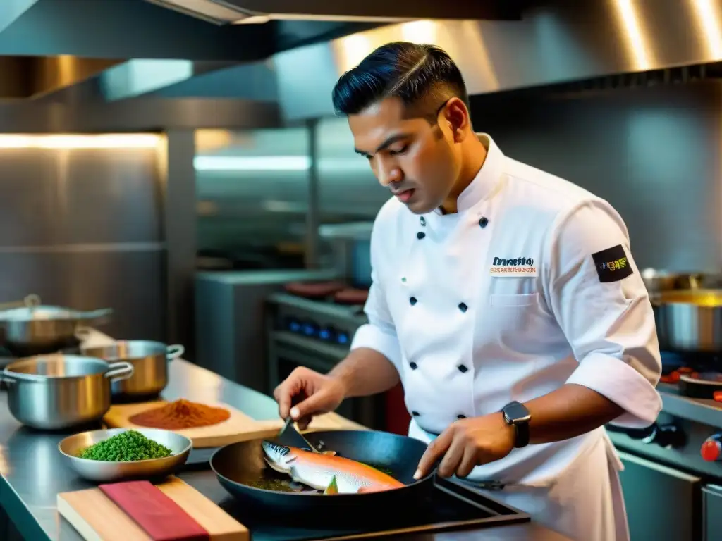 Un chef peruano experto fríe una trucha fresca en una cocina moderna, evocando maestría culinaria y autenticidad cultural