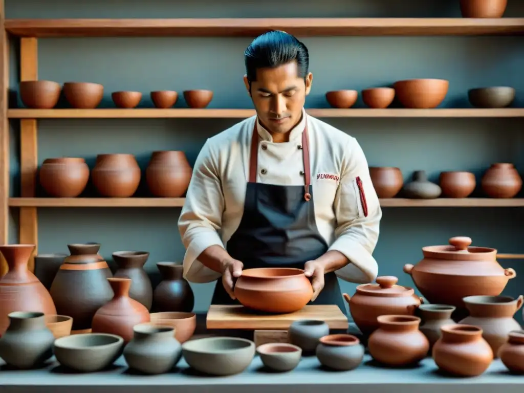 Chef peruano experto en utensilios de cocina precolombinos en ambiente moderno