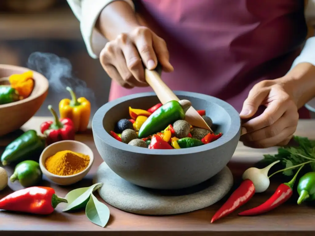 Un chef peruano experto utiliza utensilios de piedra para moler ingredientes