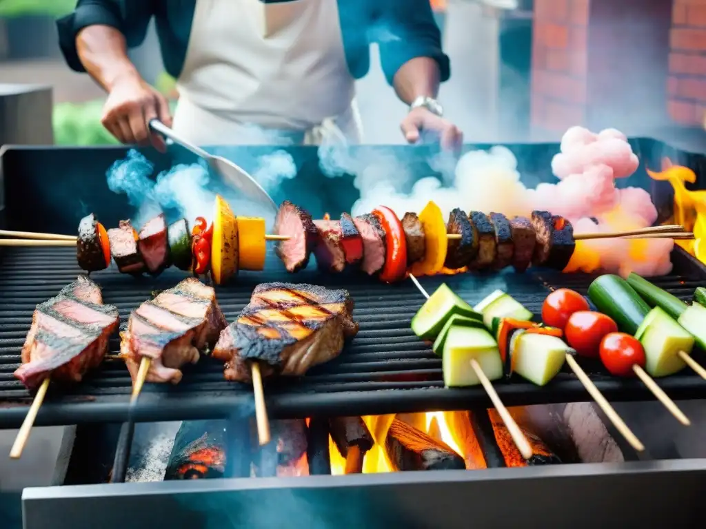 Un chef peruano experto asando una variedad de carnes y vegetales en una parrilla de carbón, mostrando las técnicas modernas de grillado peruano