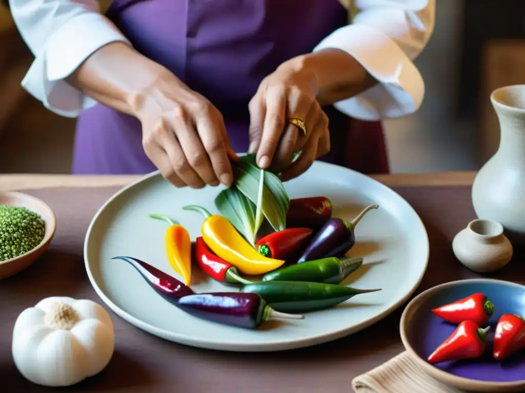 Un chef peruano experto arregla vegetales frescos con precisión en una escena rústica de cocina, mostrando la artesanía de la cocina peruana