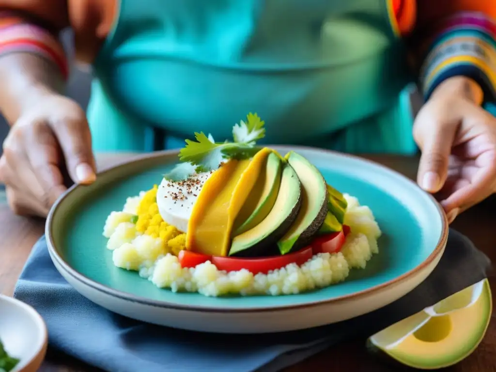 Chef peruano preparando una exquisita Causa Limeña con pasión y tradición en cocina peruana