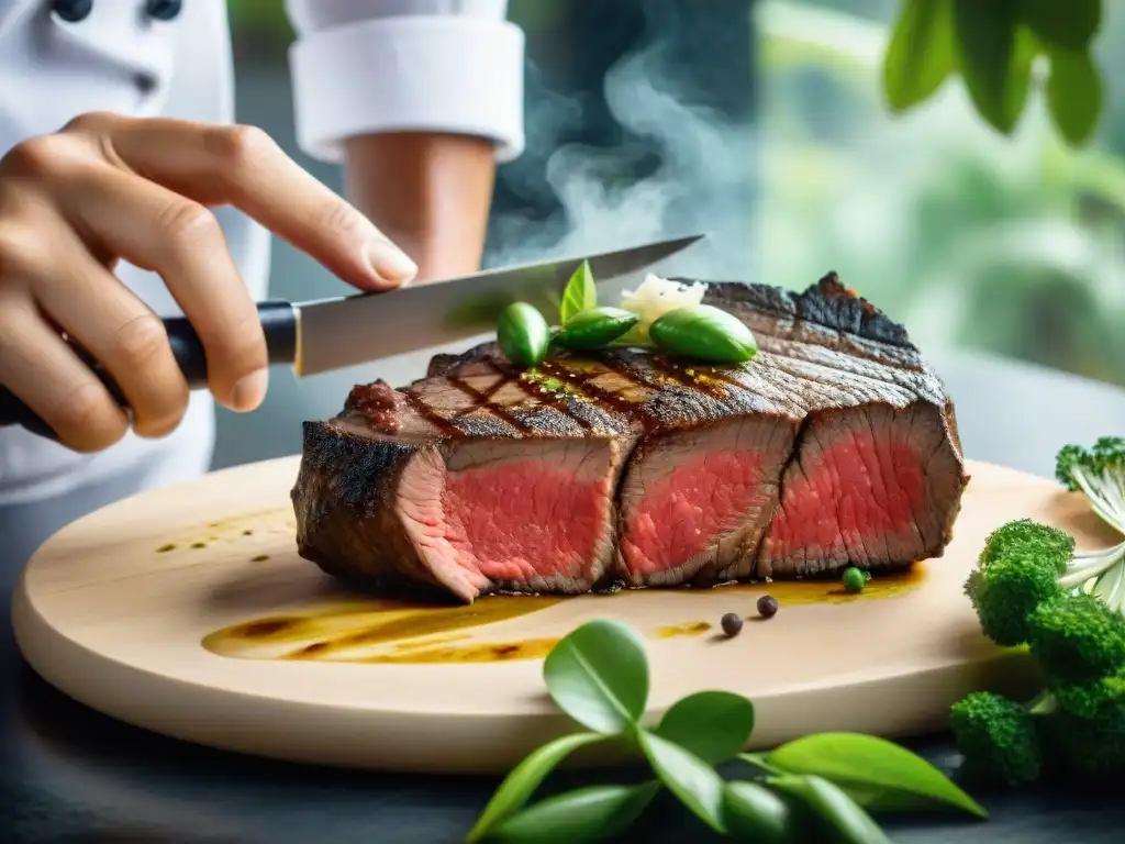 Un chef peruano corta un exquisito filete de Wagyu, destacando la fusión entre naturaleza y arte culinario