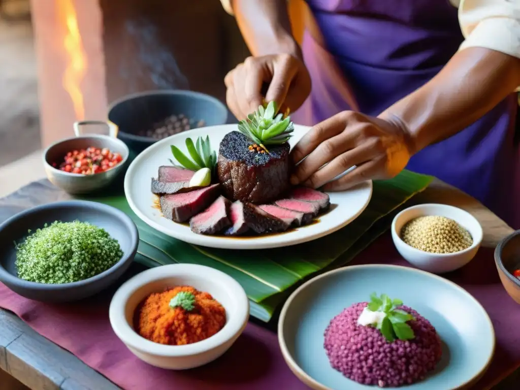 Un chef peruano preparando un exquisito platillo de venado con sabores silvestres en gastronomía peruana