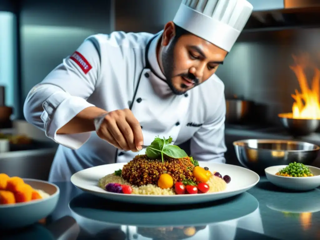 Chef peruano preparando exquisito plato con quinua en alta cocina peruana