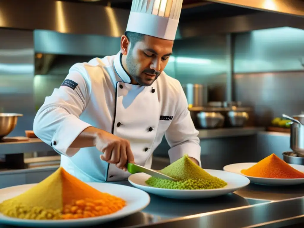 Un chef peruano prepara un exquisito plato con pisco en una cocina de Lima, mostrando los mejores maridajes cena pisco Lima