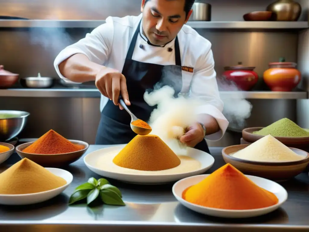 Un chef peruano prepara un exquisito postre de lúcuma en una cocina vibrante