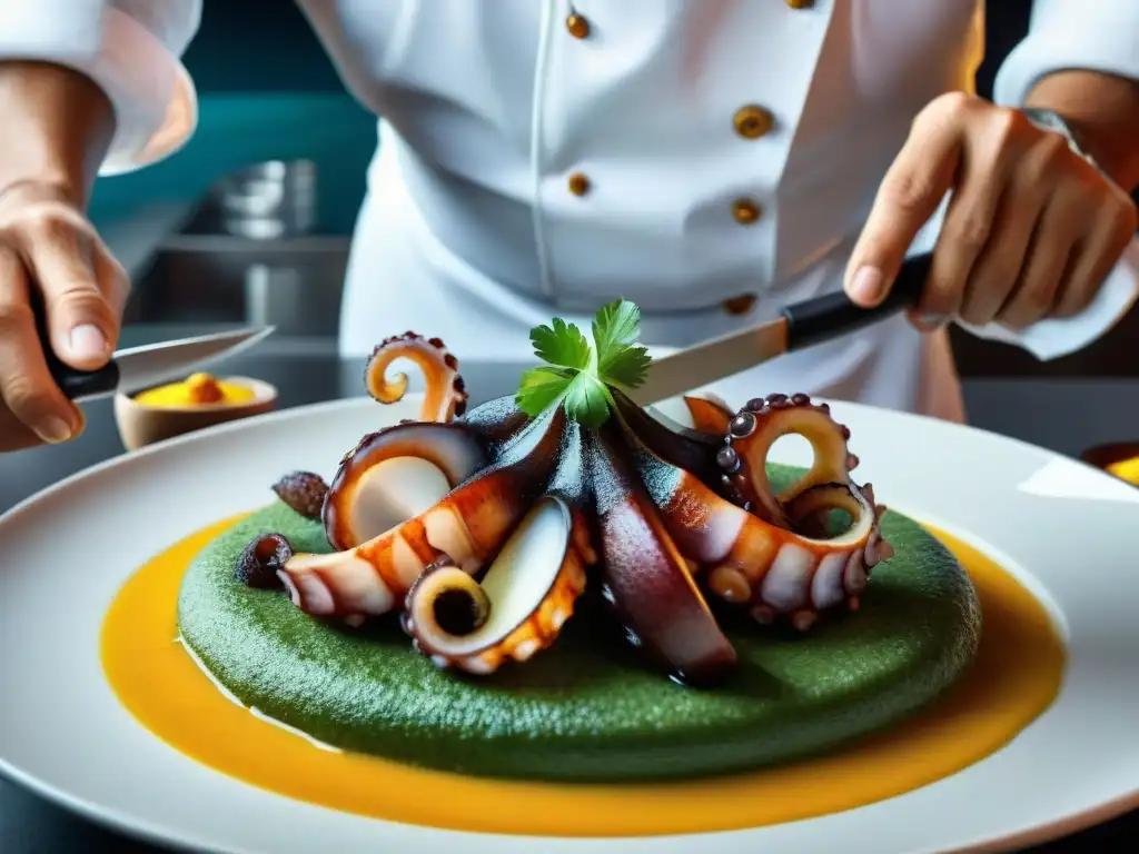 Chef peruano preparando exquisitos platos con pulpo en cocina moderna