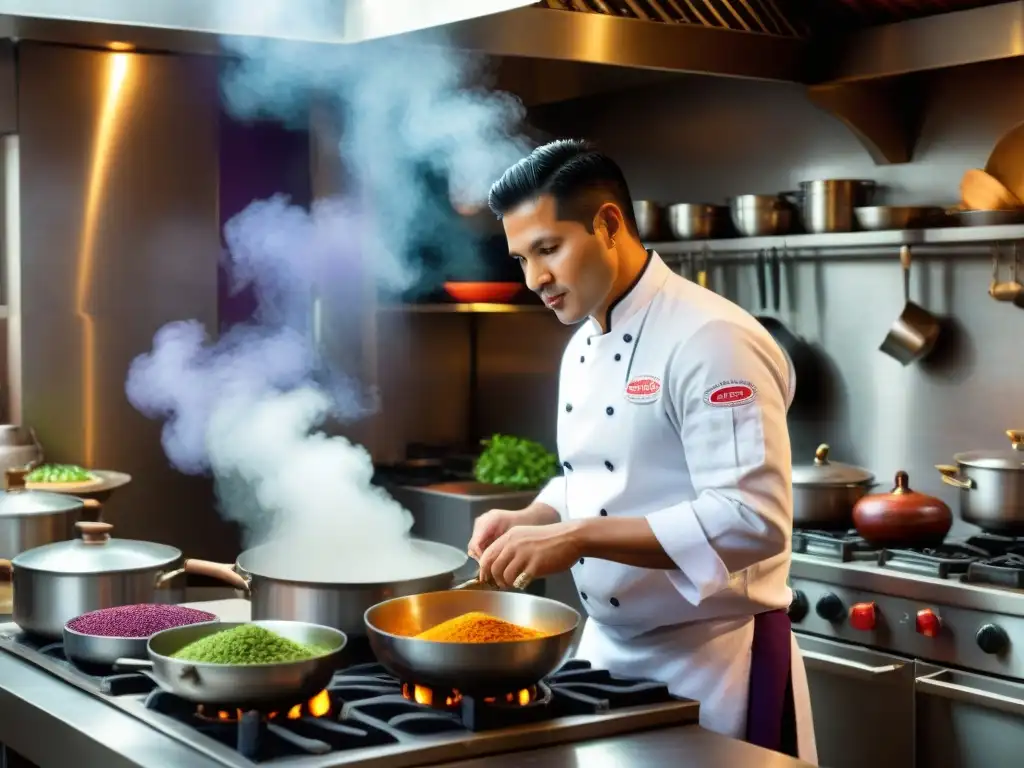 Un chef peruano famoso instruye a estudiantes internacionales sobre la cocina peruana, rodeado de ingredientes tradicionales