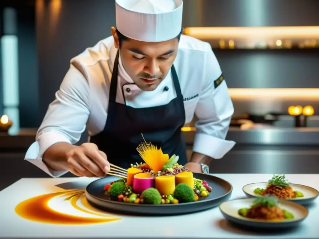 Un chef peruano famoso preparando un menú degustación en un restaurante de Lima, con ingredientes vibrantes y técnica elegante