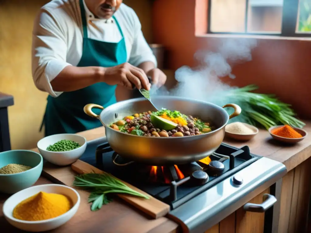 Un chef peruano preparando frejoles con seco en cocina tradicional, resaltando colores y sabores