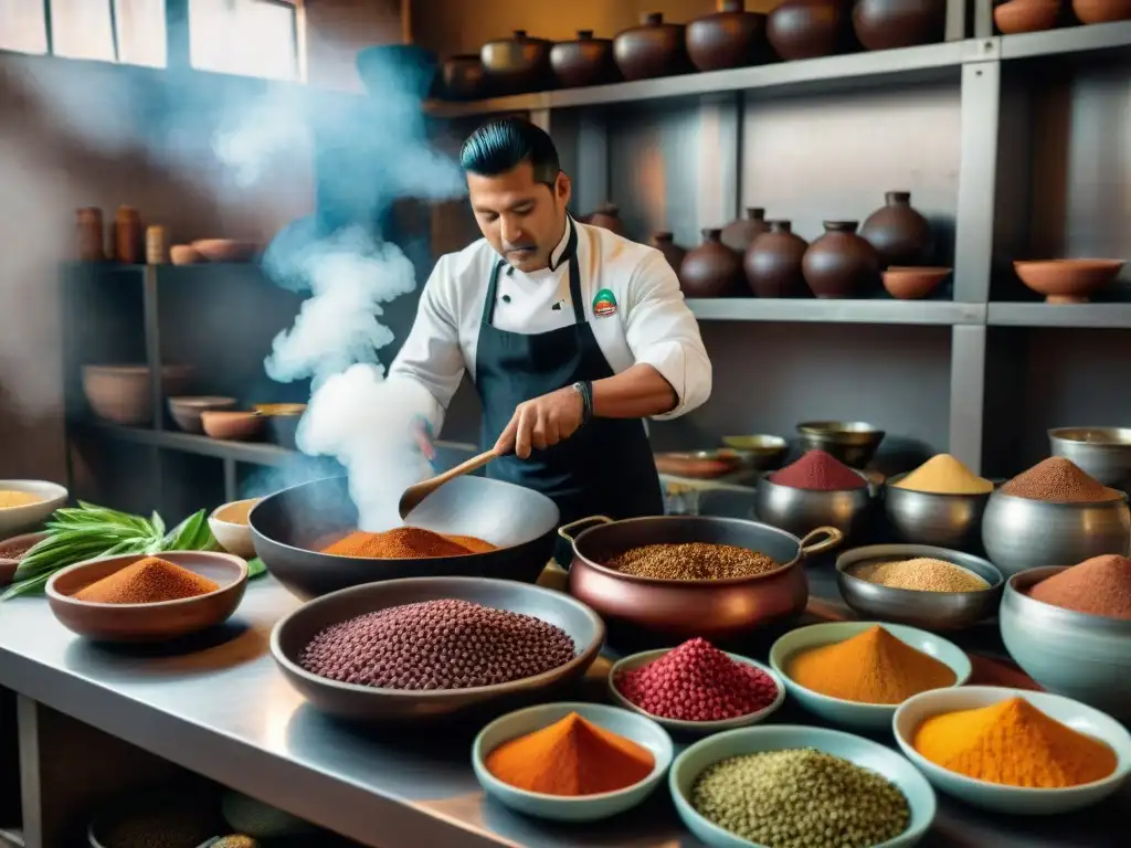 Un chef peruano preparando frejoles con seco en una cocina tradicional llena de coloridas especias y utensilios de cocina