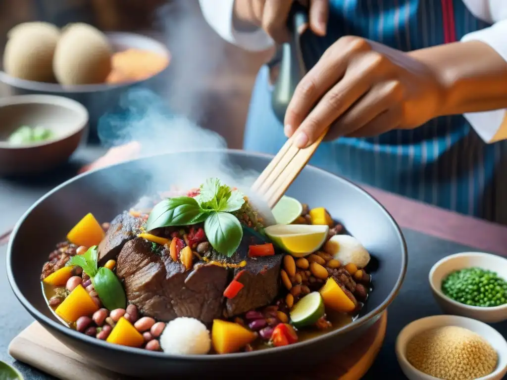 Un chef peruano preparando frejoles con seco en una cocina tradicional peruana