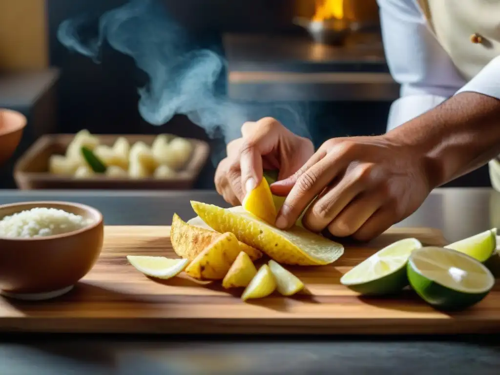 Un chef peruano pelando yucas frescas con destreza en cocina tradicional, preparando receta yucas fritas peruana