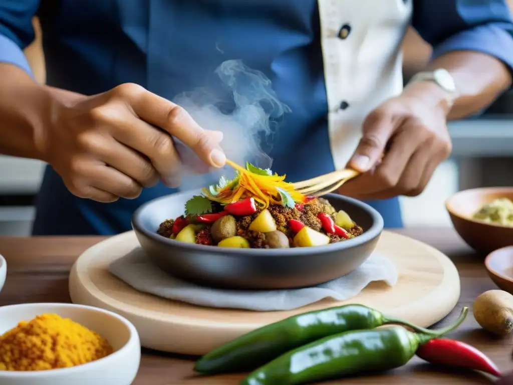 Chef peruano preparando una fusión culinaria que destaca la transformación gastronomía peruana mestizaje