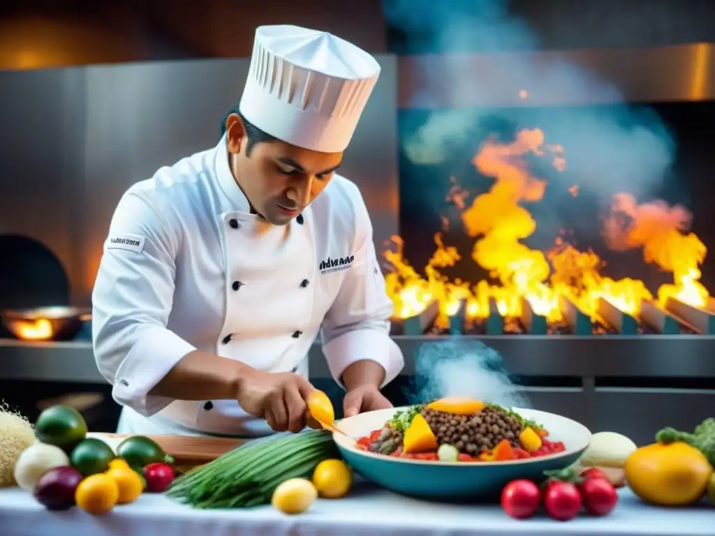 Un chef peruano hábil preparando fusiones contemporáneas en el Festival Internacional de Gastronomía Andina