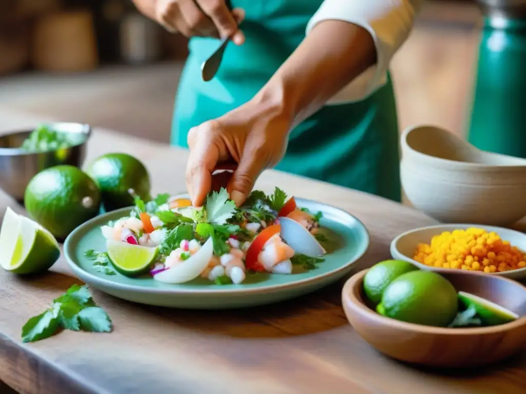 Un chef peruano preserva la gastronomía, preparando ceviche con destreza en una cocina rústica