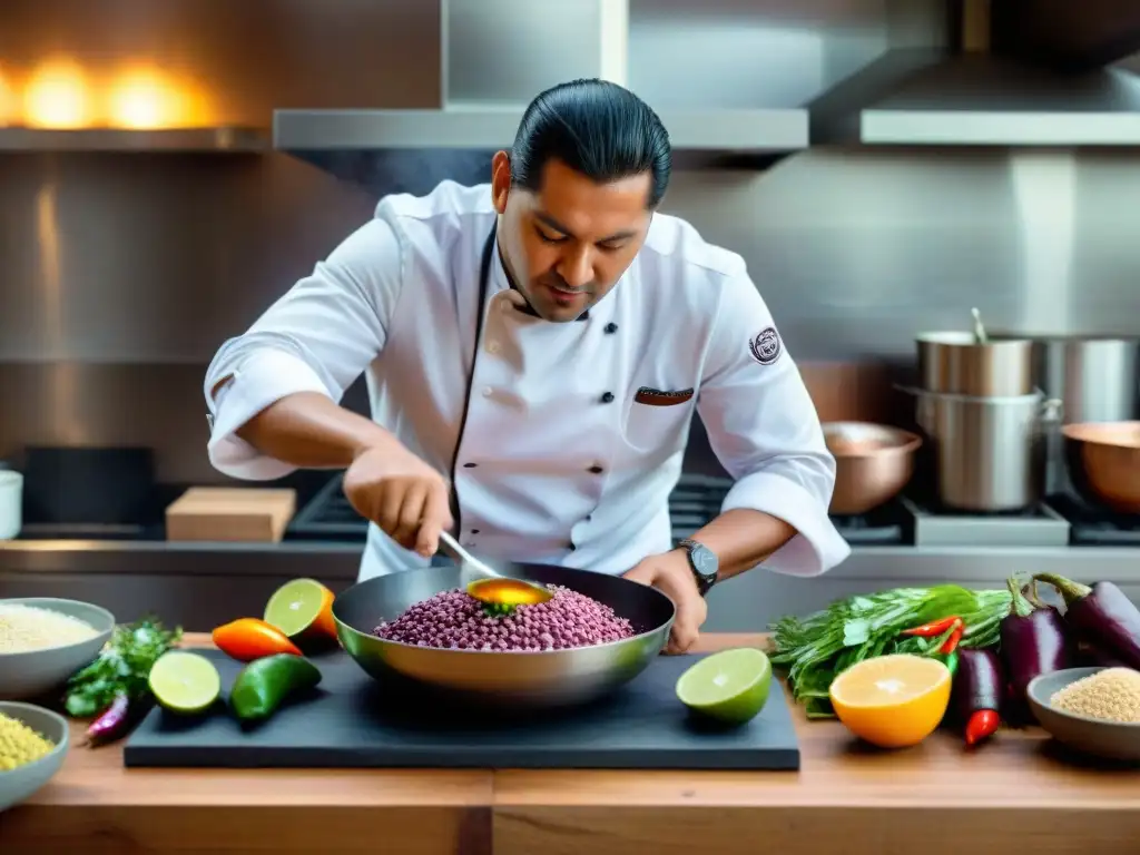 Chef peruano preparando ceviche en cocina tradicional Un chef peruano influenciando la gastronomía, preparando ceviche en una cocina vibrante con ingredientes tradicionales peruanos
