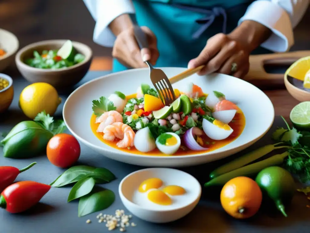 Un chef peruano prepara ceviche, resaltando la gastronomía peruana y sus sabores ancestrales