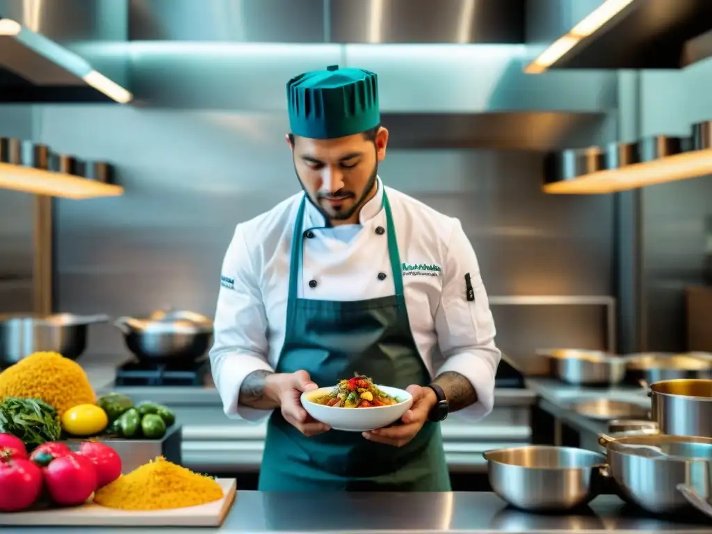 Chef peruano redefiniendo gastronomía con plato tradicional en cocina moderna