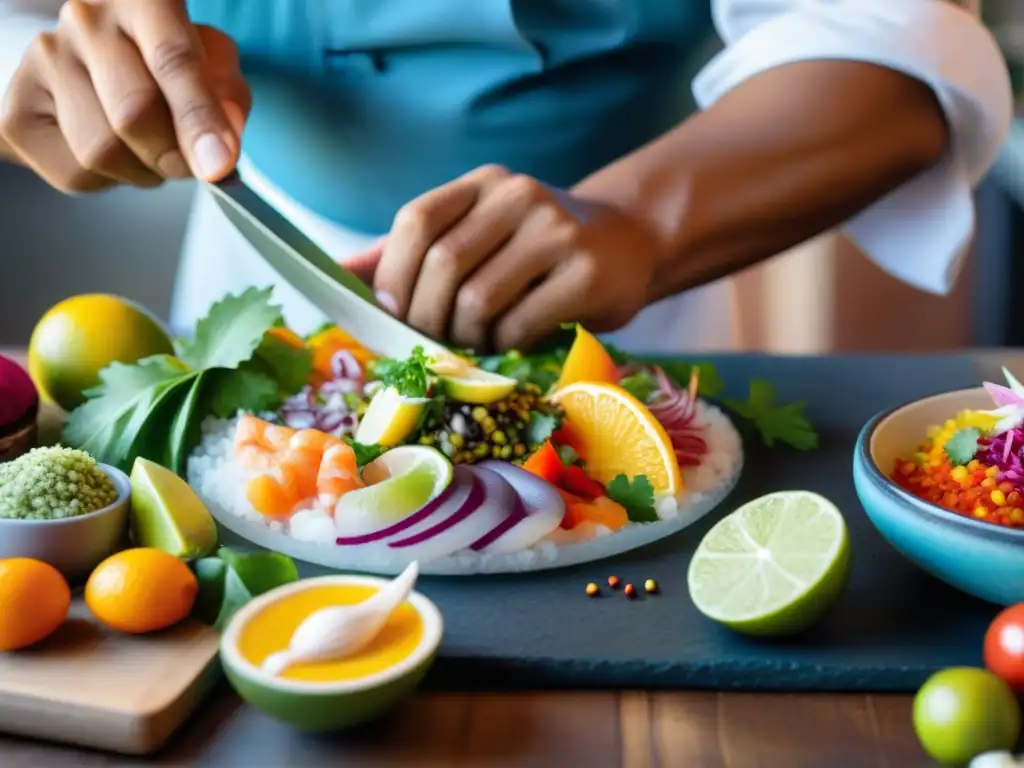 Un chef peruano prepara ceviche, resaltando la gastronomía tradicional norte Perú