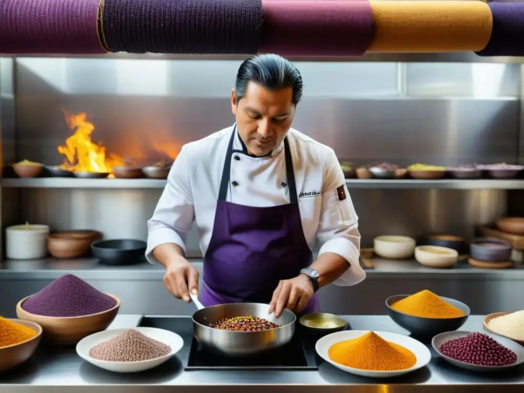 Un chef peruano prepara un guiso de maíz morado en una cocina vibrante