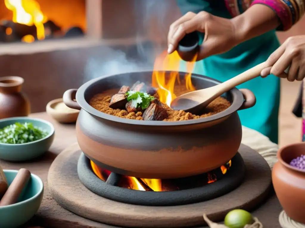 Un chef peruano prepara un guiso en una olla de barro, mostrando la tradición y arte culinario de la cocina peruana