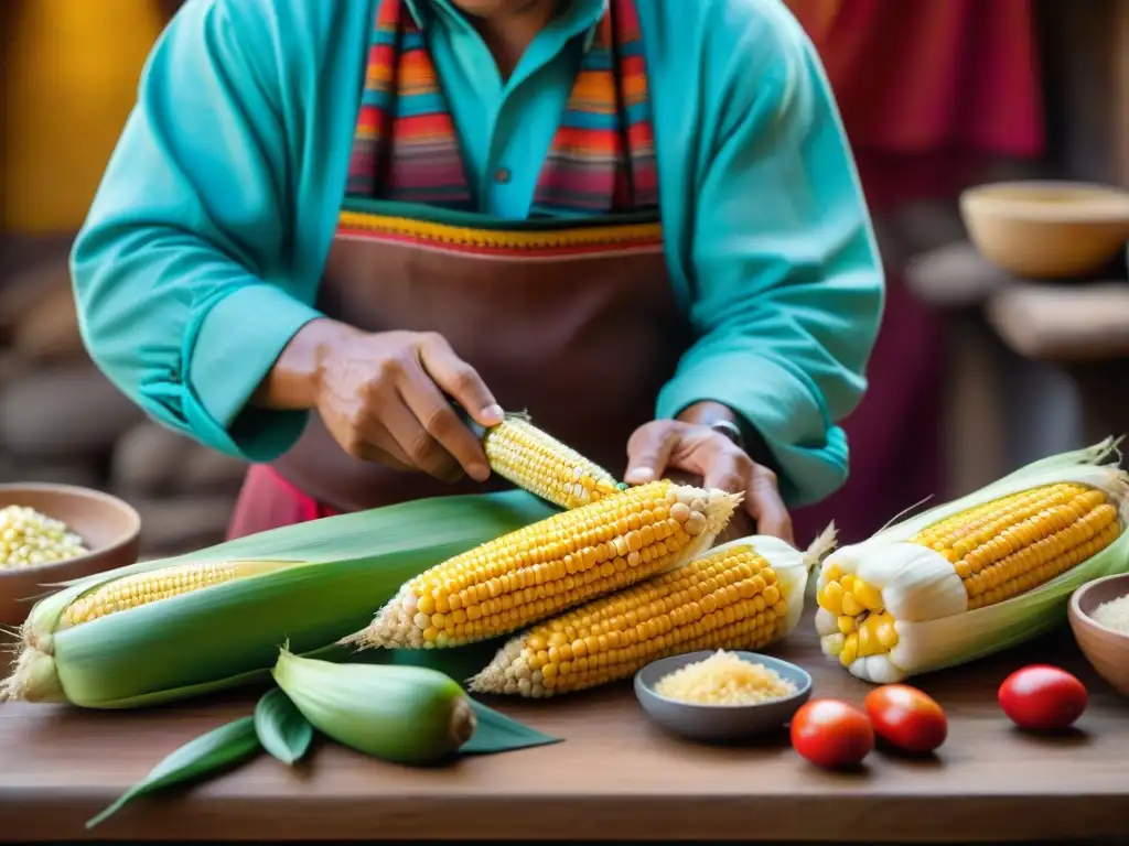 Un chef peruano habilidoso preparando Humitas Andinas en un entorno tradicional andino, mostrando arte culinario