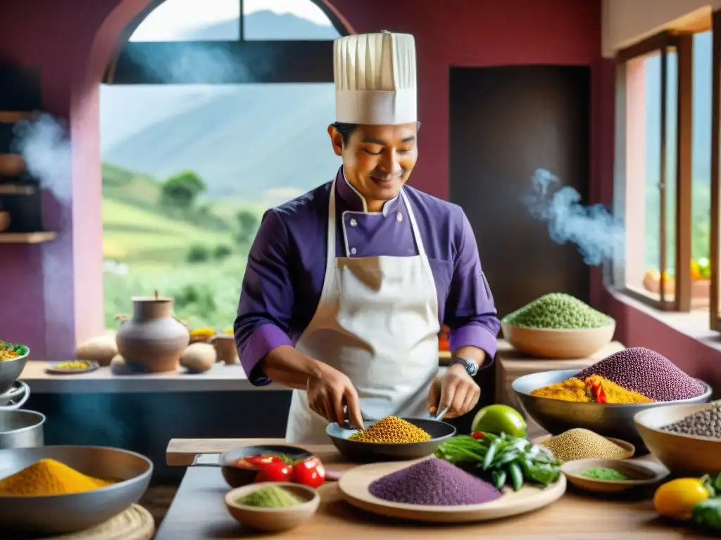 Un chef peruano habilidoso prepara un plato colorido en una cocina tradicional en Nanka, rodeado de ingredientes vibrantes