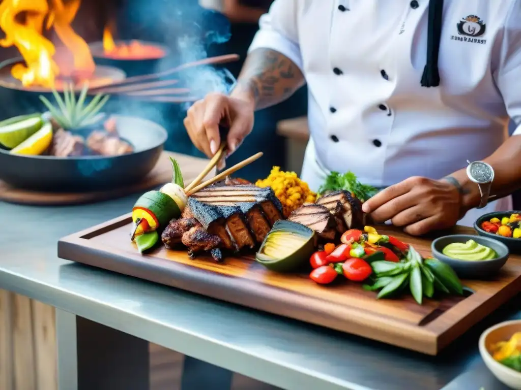 Un chef peruano habilidoso dispone platos peruanos a la parrilla con pasión en un restaurante rústico