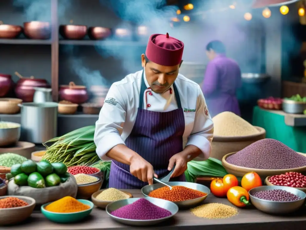 Chef peruano preservando la herencia culinaria con técnicas ancestrales y ingredientes vibrantes en un mercado bullicioso