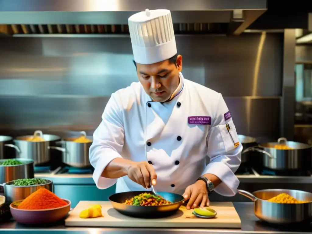 Un chef peruano preservando la herencia culinaria en una cocina vibrante con ingredientes coloridos