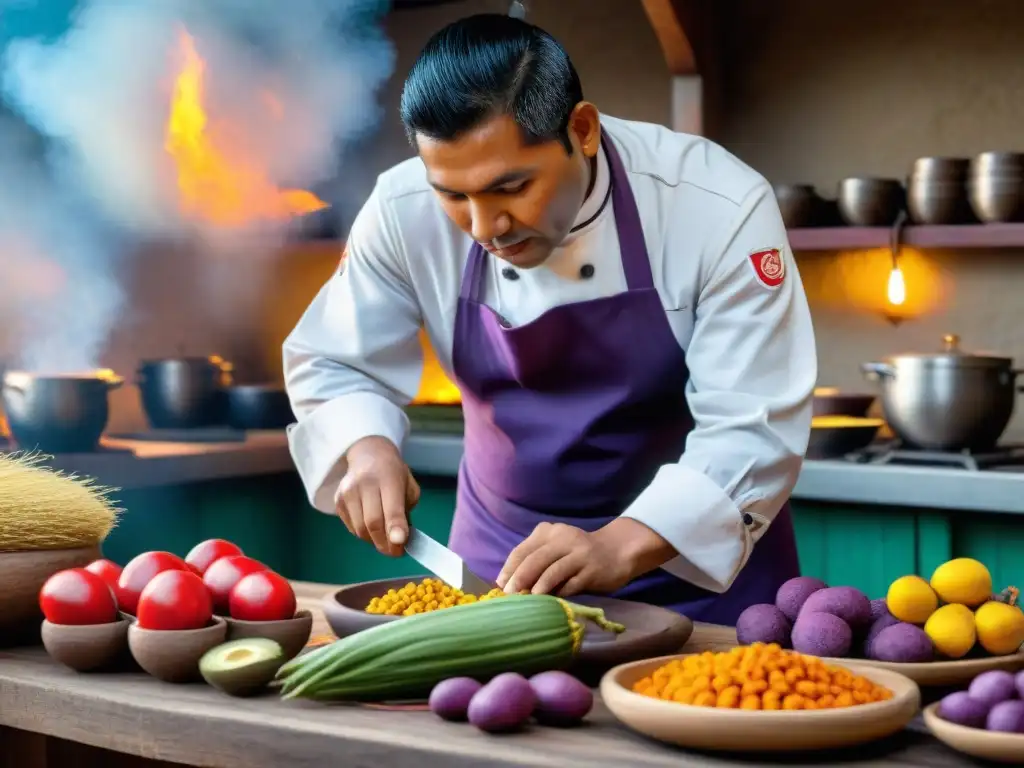 Chef peruano preservando la herencia culinaria con destreza y pasión en una cocina tradicional llena de ingredientes vibrantes