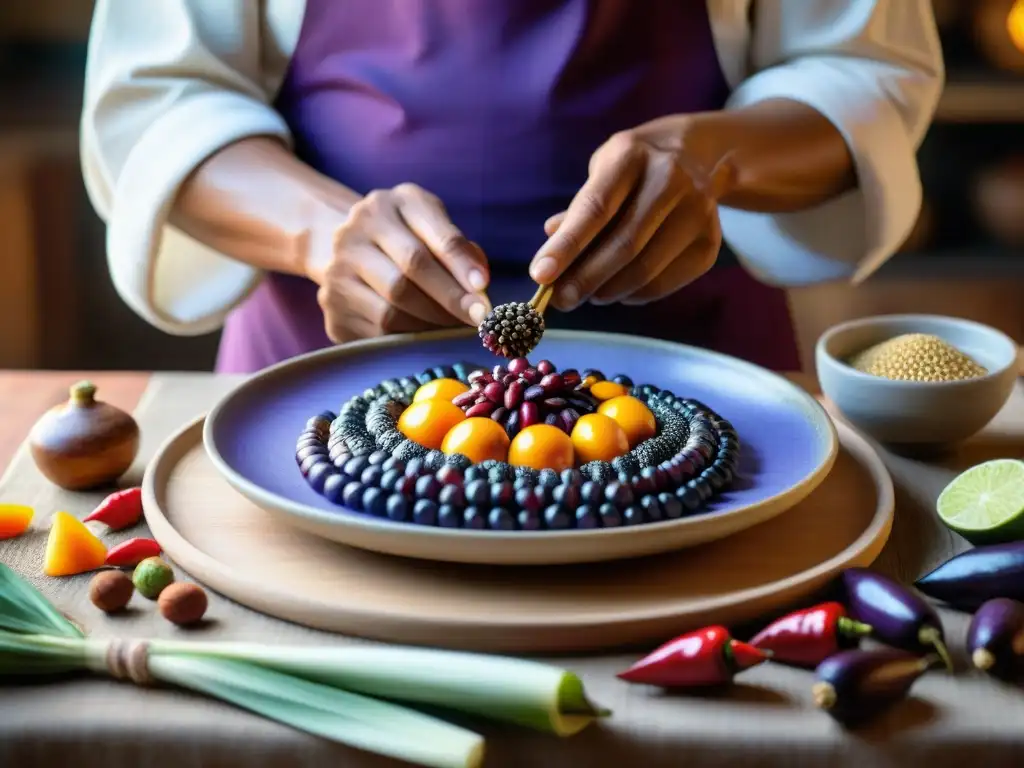 Un chef peruano crea un hermoso plato con ingredientes peruanos frescos, en una mesa de cocina