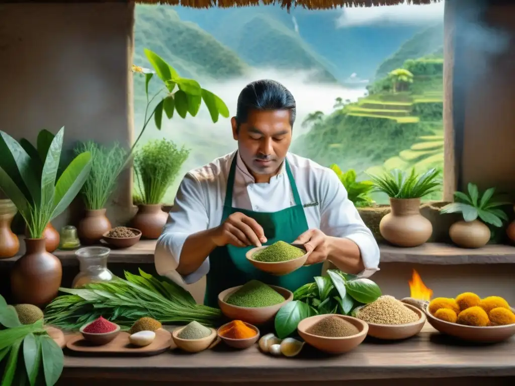 Un chef peruano seleccionando hierbas amazónicas para un plato exquisito