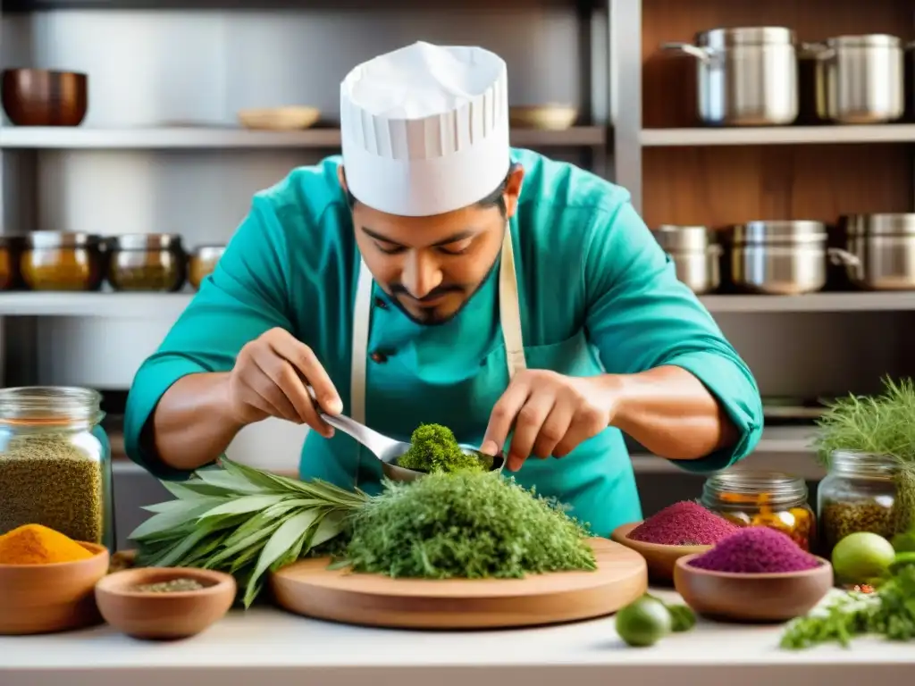 Chef peruano innovando con hierbas andinas en cocina profesional, fusionando sabores antiguos con técnicas contemporáneas