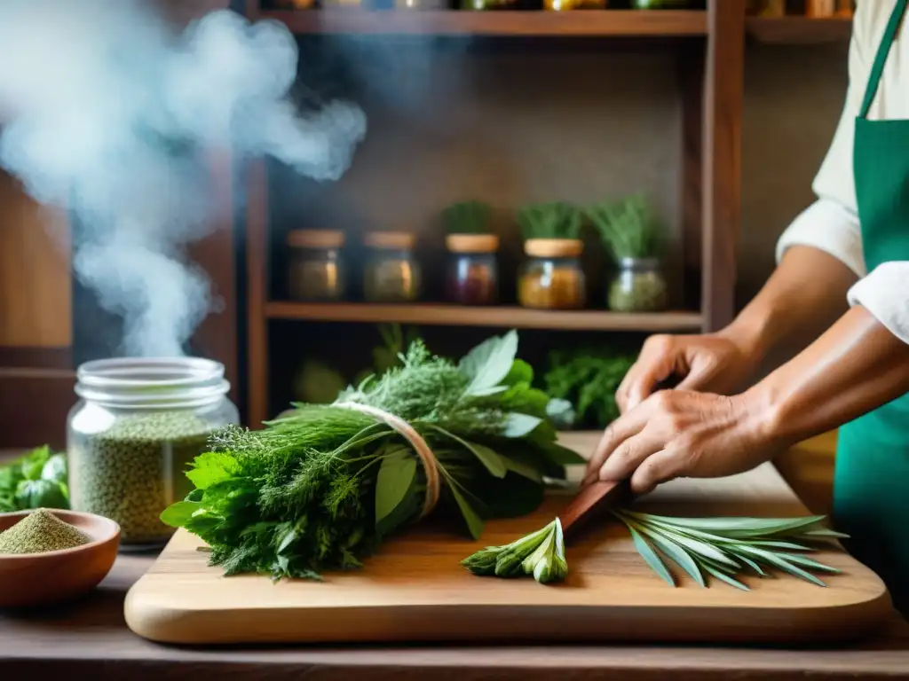 Chef peruano cortando hierbas andinas en cocina rústica: huacatay, muña y paico