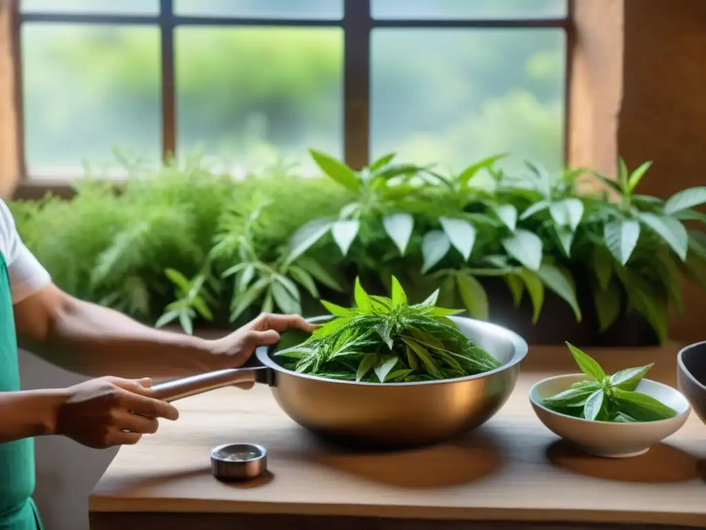 Un chef peruano selecciona hojas de aromática hierba luisa para infusionar en una olla humeante