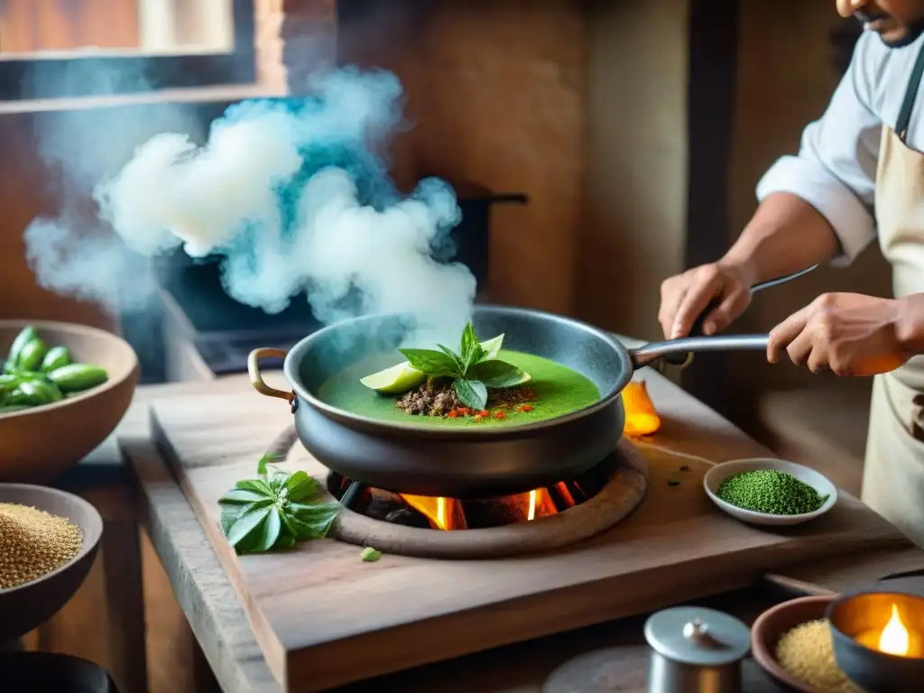 Un chef peruano añade huacatay fresco a un guiso humeante en una cocina rústica