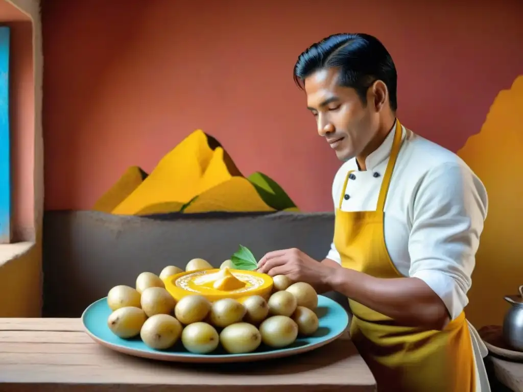 Un chef peruano preparando con esmero Papa a la Huancaína en una cocina tradicional, con utensilios típicos y vista a los Andes