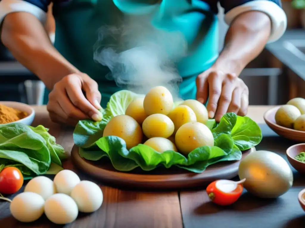 Un chef peruano prepara con pasión Papa a la Huancaína en una cocina tradicional