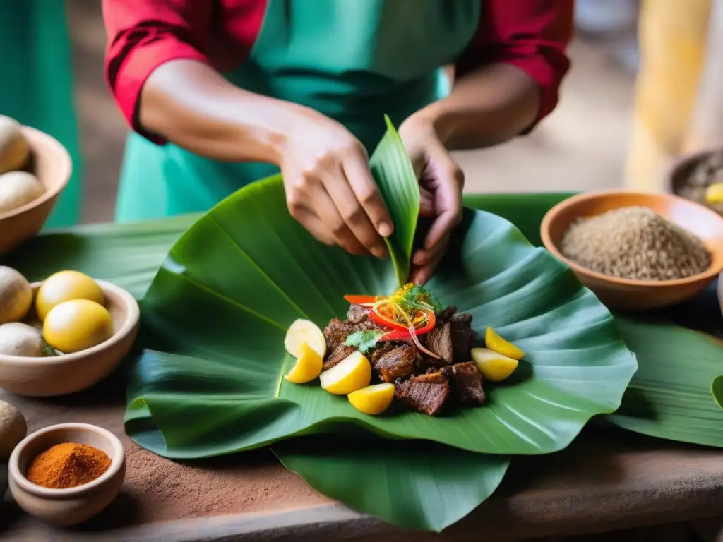 Chef peruano preparando huatia con tierra: tradición y sabor en colores vibrantes