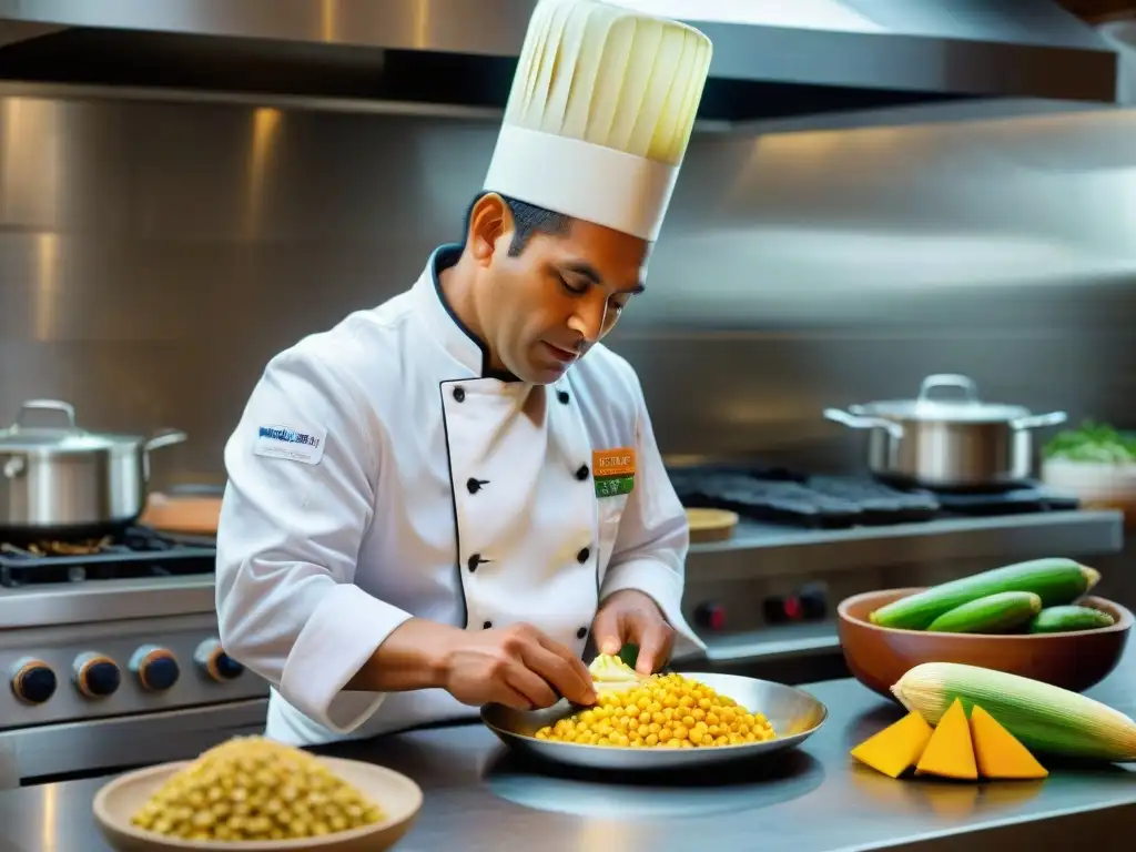 Un chef peruano hábil prepara humita en una cocina moderna, fusionando tradición y técnicas contemporáneas