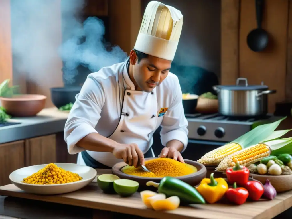 Chef peruano preparando humita, rodeado de ingredientes frescos en una mesa rústica