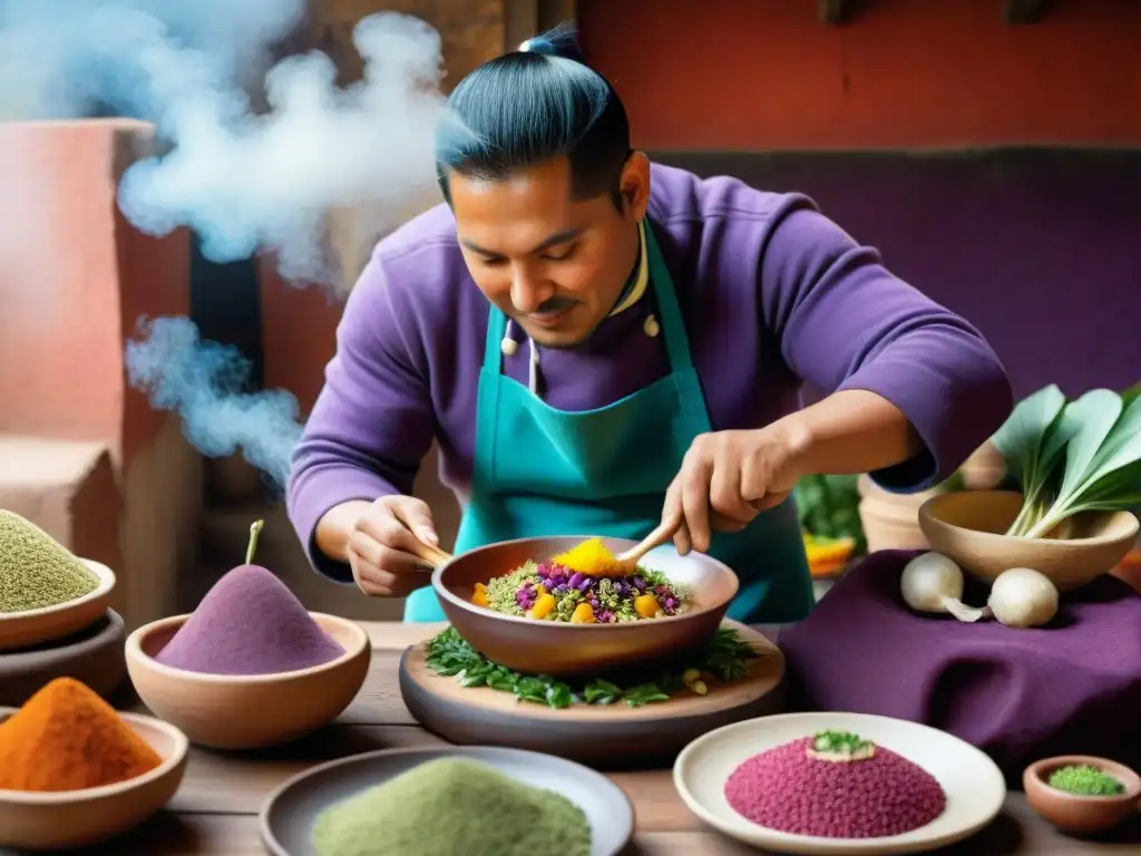 Chef peruano del Imperio Inca preparando platillo con ingredientes culinarios imperio inca