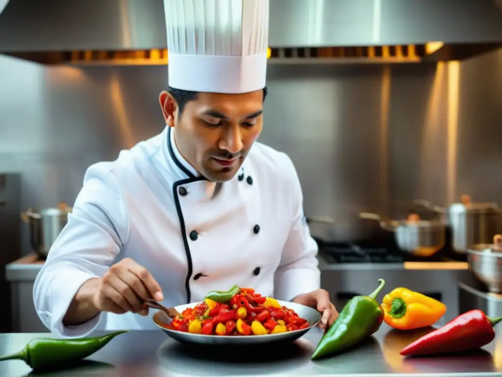 Chef peruano destaca importancia ajíes peruanos en cocina fusión, cortando ajíes coloridos en cocina de alta gama