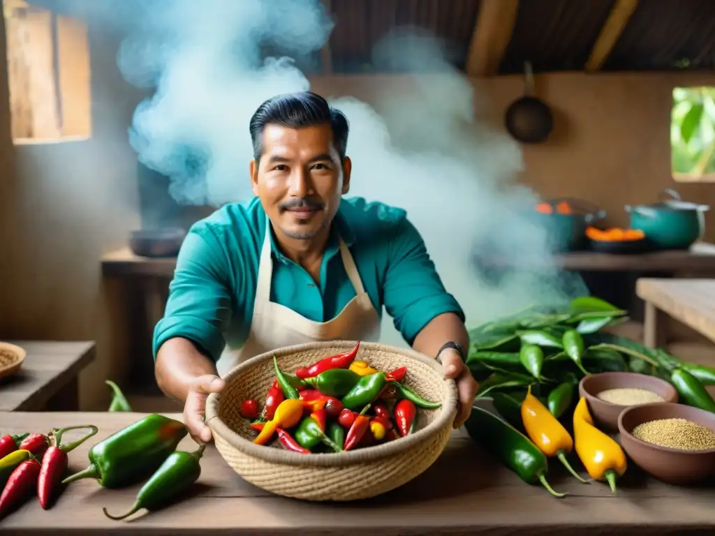 Un chef peruano muestra la importancia del Ají Charapita en cocina peruana, rodeado de ingredientes y utensilios indígenas en la selva amazónica