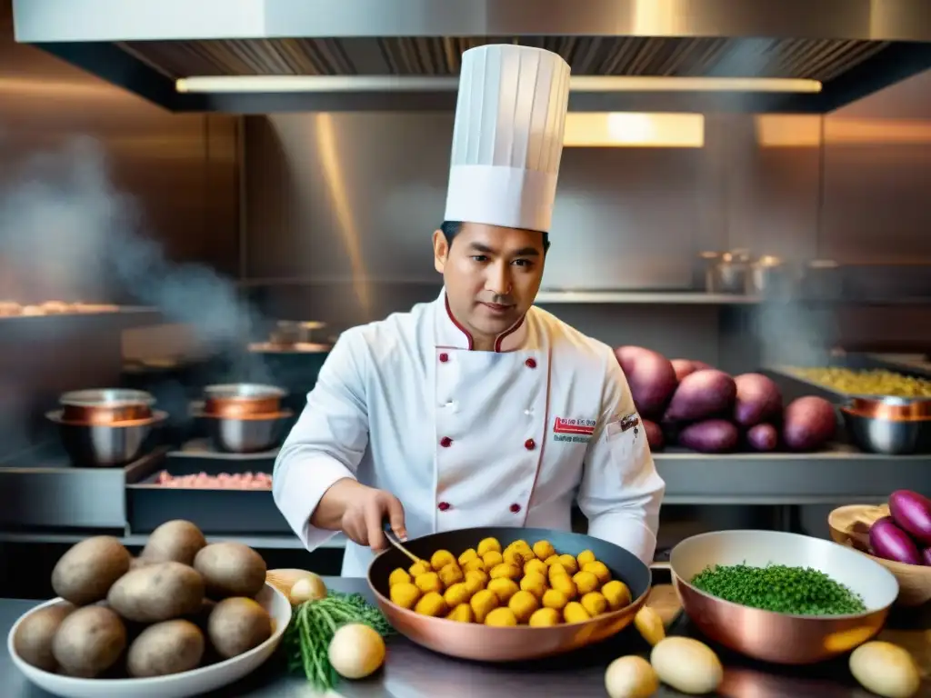 Un chef peruano destaca la importancia de la papa peruana en la cocina moderna, rodeado de ingredientes frescos y utensilios de cobre